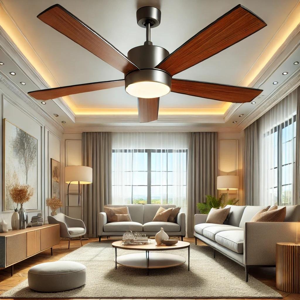 A modern living room with a professionally installed ceiling fan featuring wooden blades and a built-in light, enhancing airflow, energy efficiency, and style.