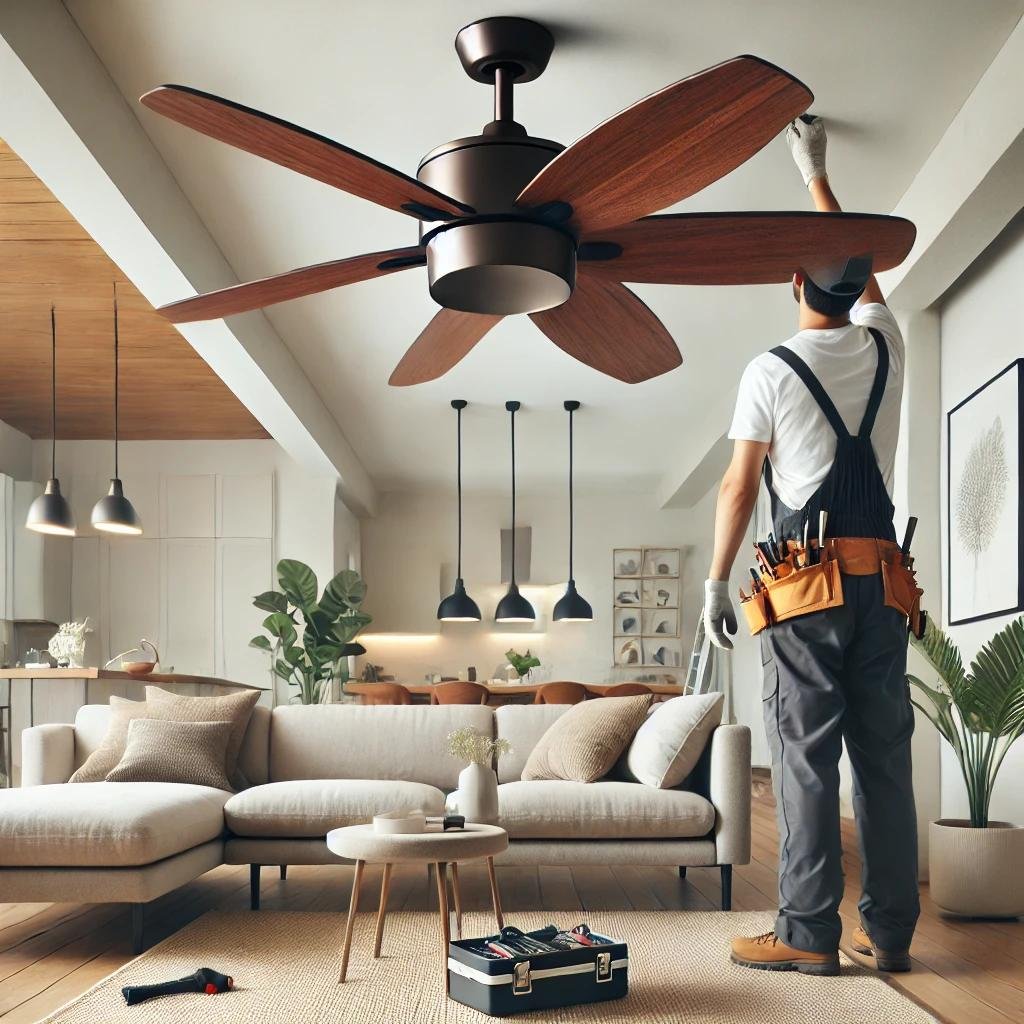 A professional electrician installing a modern ceiling fan with dark wooden blades in a bright and minimalist living room with a sofa, coffee table, and potted plant.