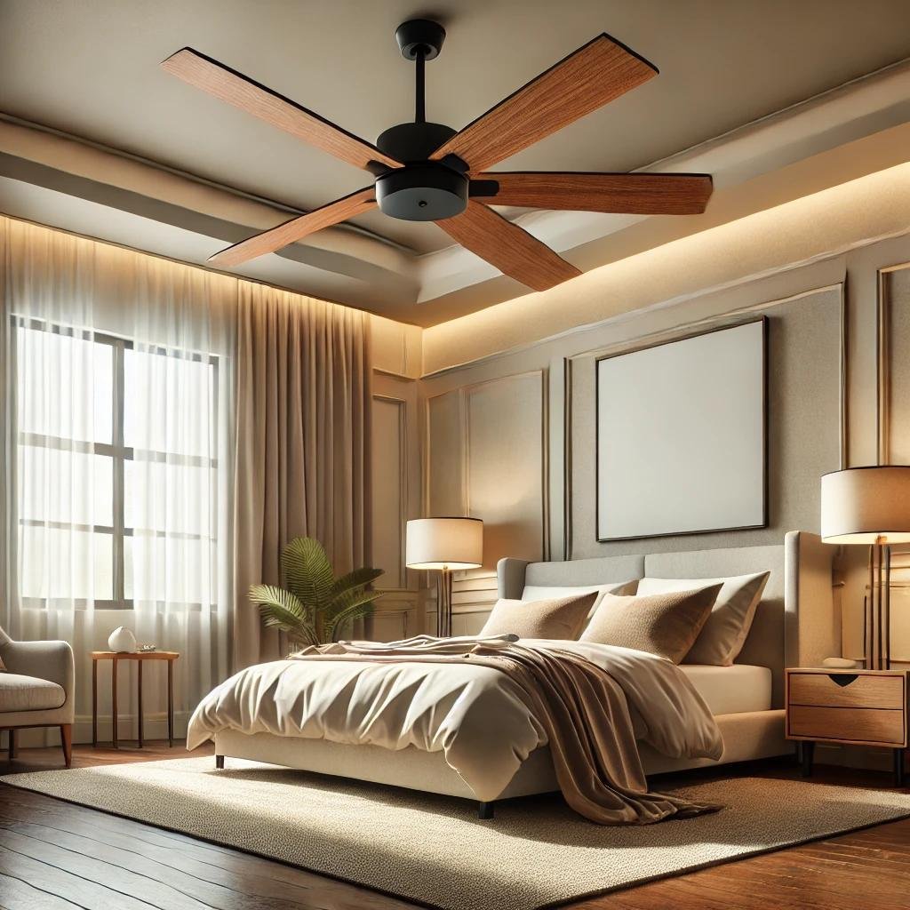 A cozy bedroom featuring a modern ceiling fan with wooden blades, installed above a comfortable bed with neutral-toned bedding, illuminated by natural light.