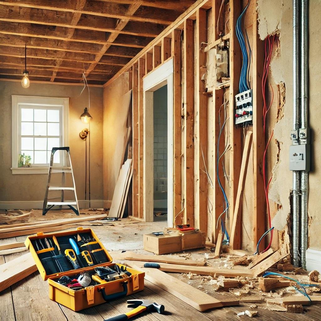 A residential interior under renovation, featuring torn drywall revealing wooden framing, wiring, and construction tools like a hammer and toolbox in a well-lit environment.