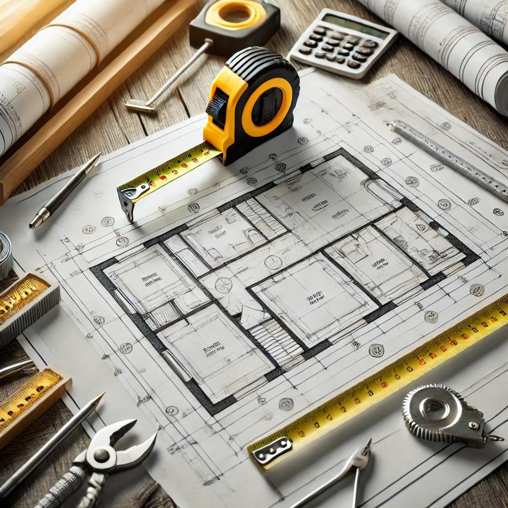 Architectural home building plans spread on a table, featuring detailed blueprints for a residential construction project.
