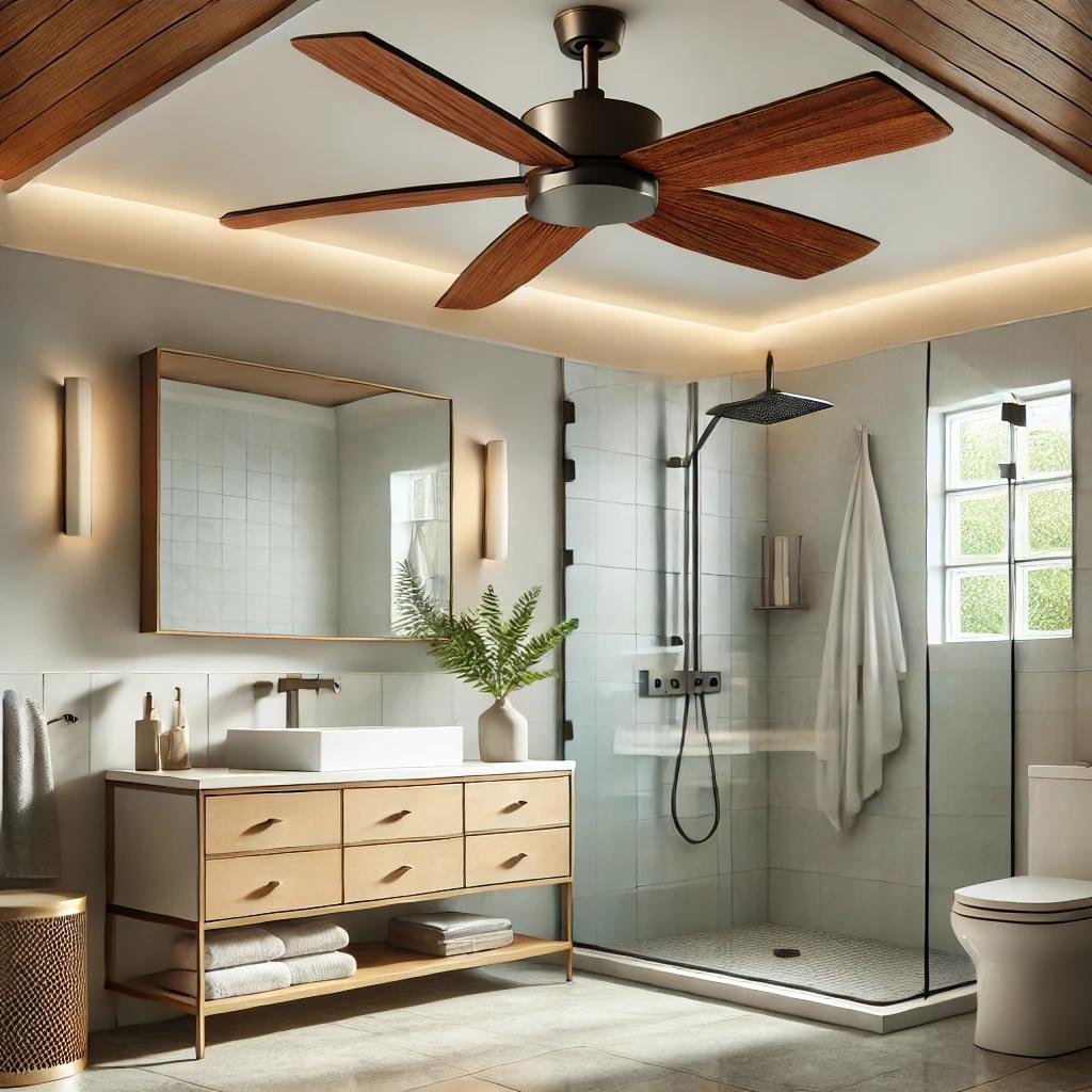 A modern bathroom with a professionally installed ceiling fan featuring wooden blades, centered above a stylish vanity and a walk-in shower with glass doors.