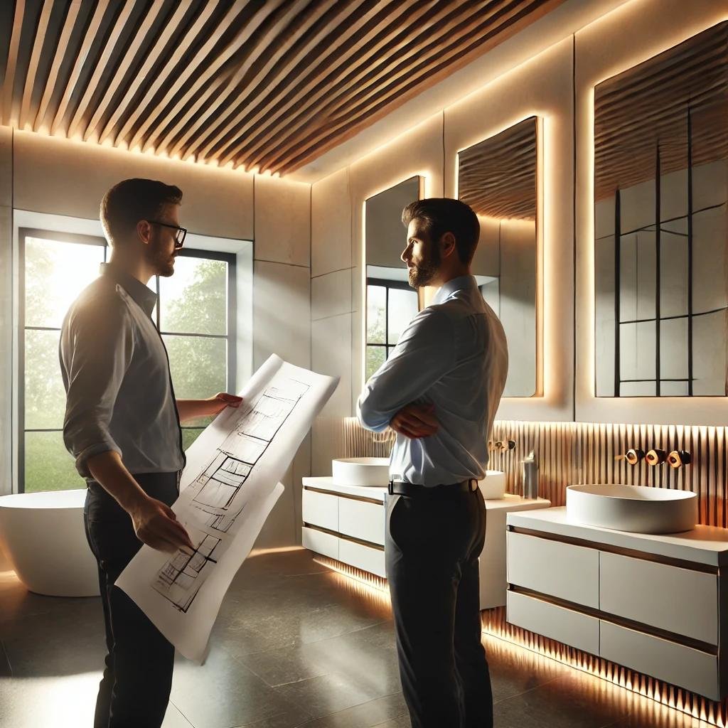 Professional installer reviewing bathroom blueprints with a client, featuring modern backlit mirrors, energy-efficient LED lighting, and dimmable fixtures.