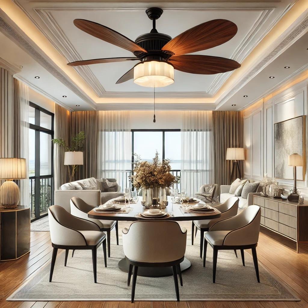 A modern dining room with a professionally installed ceiling fan featuring wooden blades, positioned above a stylish dining table with chairs and a centerpiece.