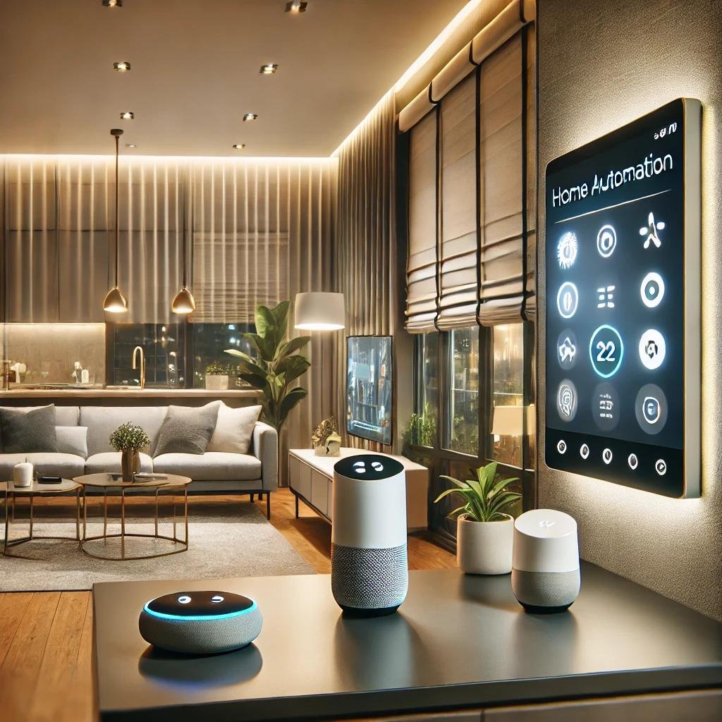 A stylish living room featuring a sleek touch screen control panel on the wall, smart lighting with adjustable colors, a voice assistant on a countertop, and automated blinds partially open.