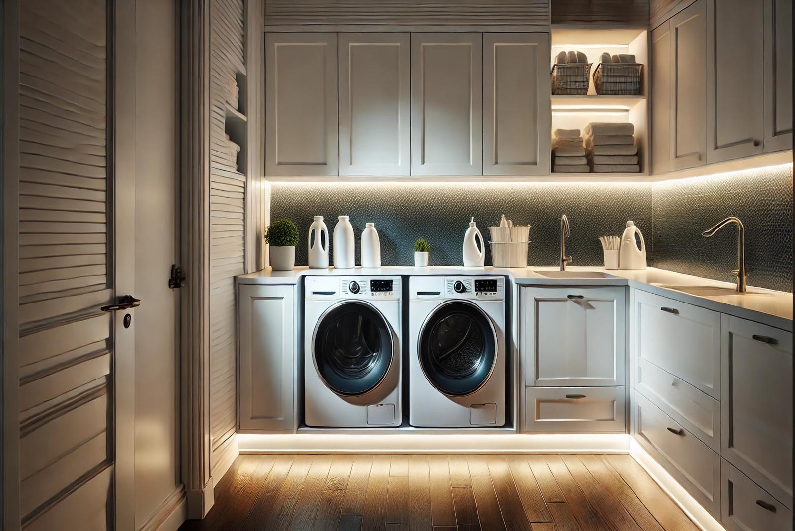 Laundry room with under-cabinet lighting and a modern, organized design.