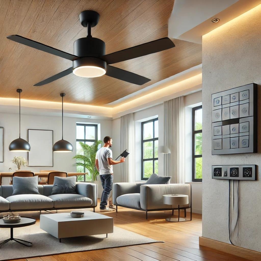 A modern living room with a professionally installed ceiling fan and light, featuring a sleek wall-mounted control panel to adjust fan speed and light intensity.