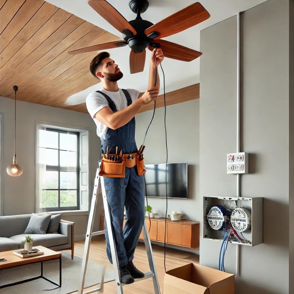 A professional electrician wiring a ceiling fan to an electrical box and connecting it to a power source in a bright and modern room with minimalistic decor.