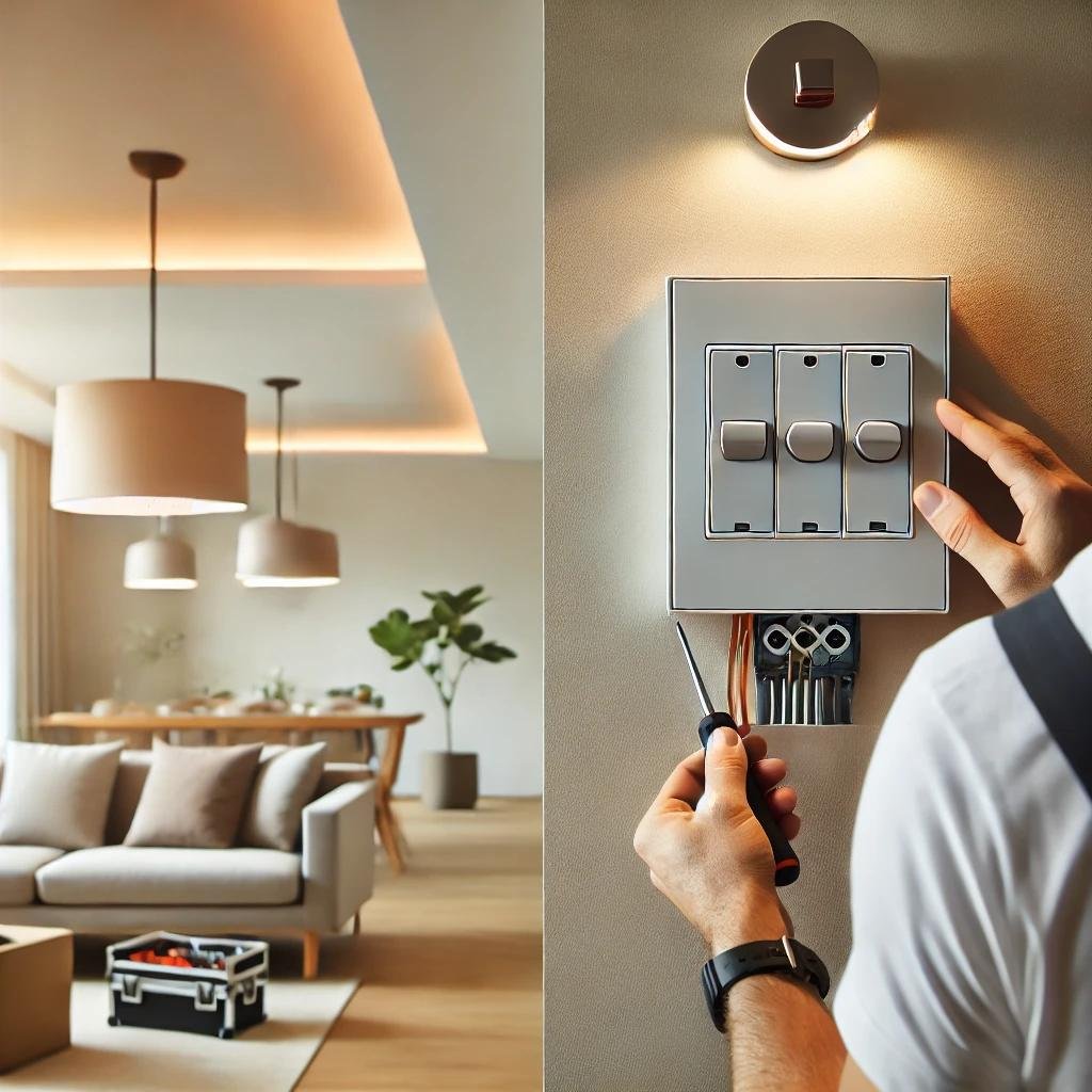 "A professional electrician wiring a three-way switch for a ceiling light in a modern home with clean walls, neutral tones, and a bright living space.