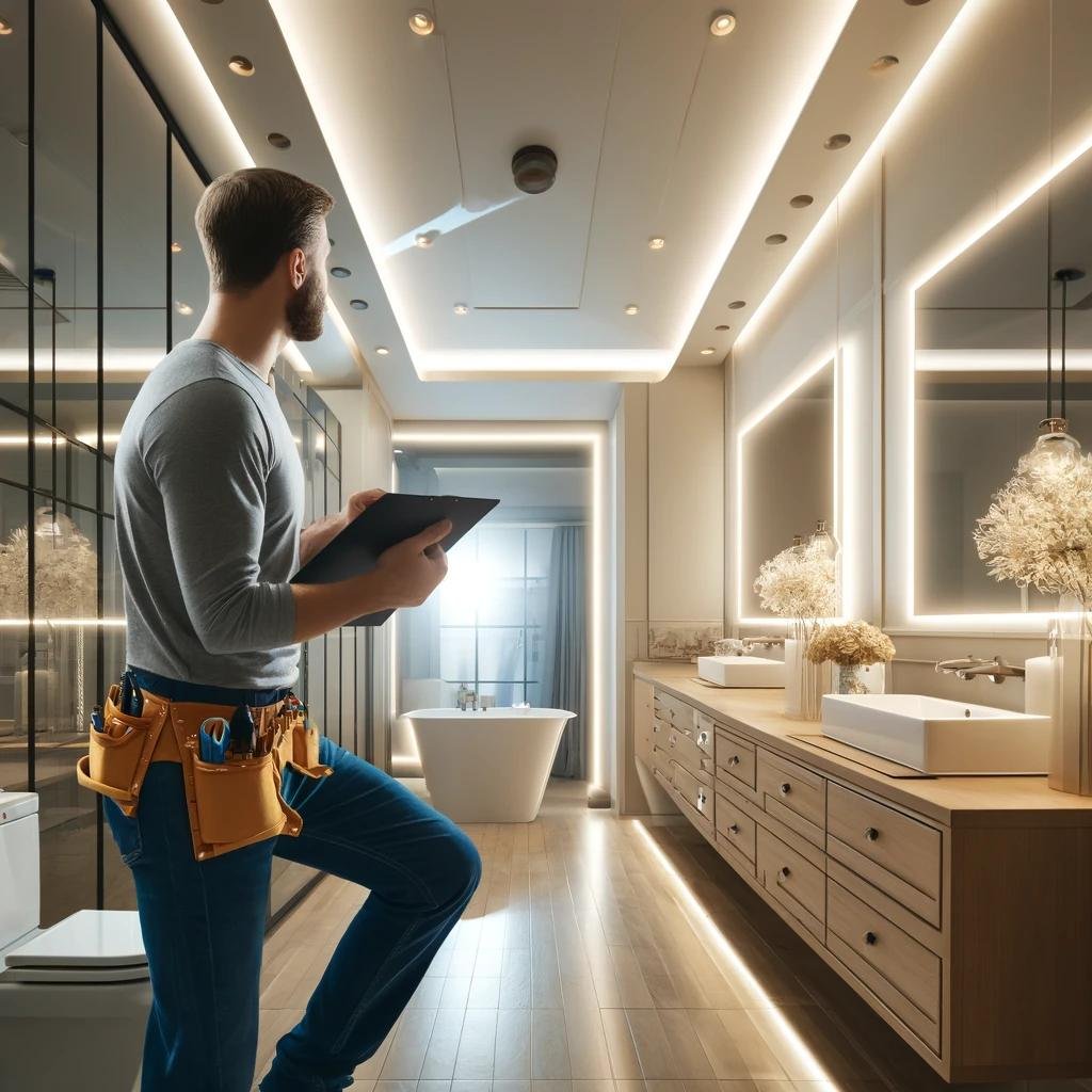 Professional electrician performing a safety and quality check in a modern, beautifully lit bathroom with backlit mirrors and recessed lighting.