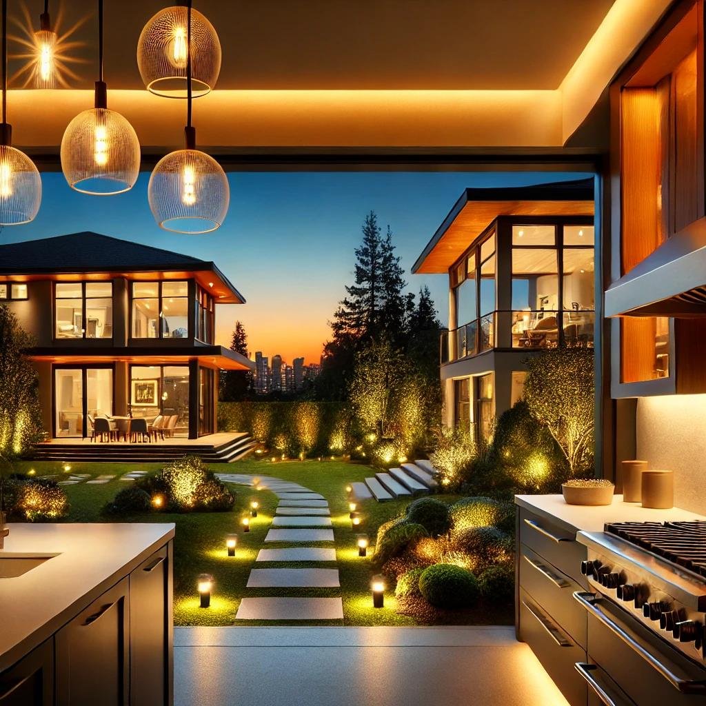 A modern home showcasing indoor recessed lighting and pendant lights in a kitchen, complemented by elegant outdoor landscape lighting with pathway and wall-mounted fixtures.
