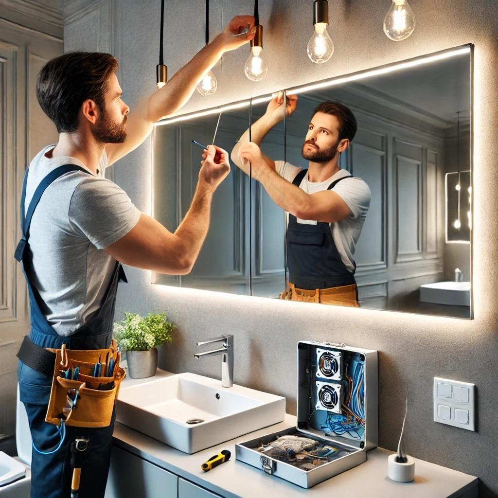 Licensed electrician installing mirror lighting above a vanity in a modern bathroom, ensuring secure mounting and proper wiring.