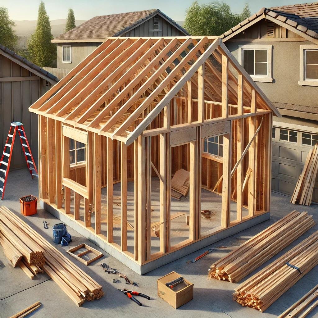 A realistic photograph of an accessory dwelling unit (ADU) under construction, showing only the wooden framing structure with visible beams, studs, and roof trusses in a clean and organized construction site.