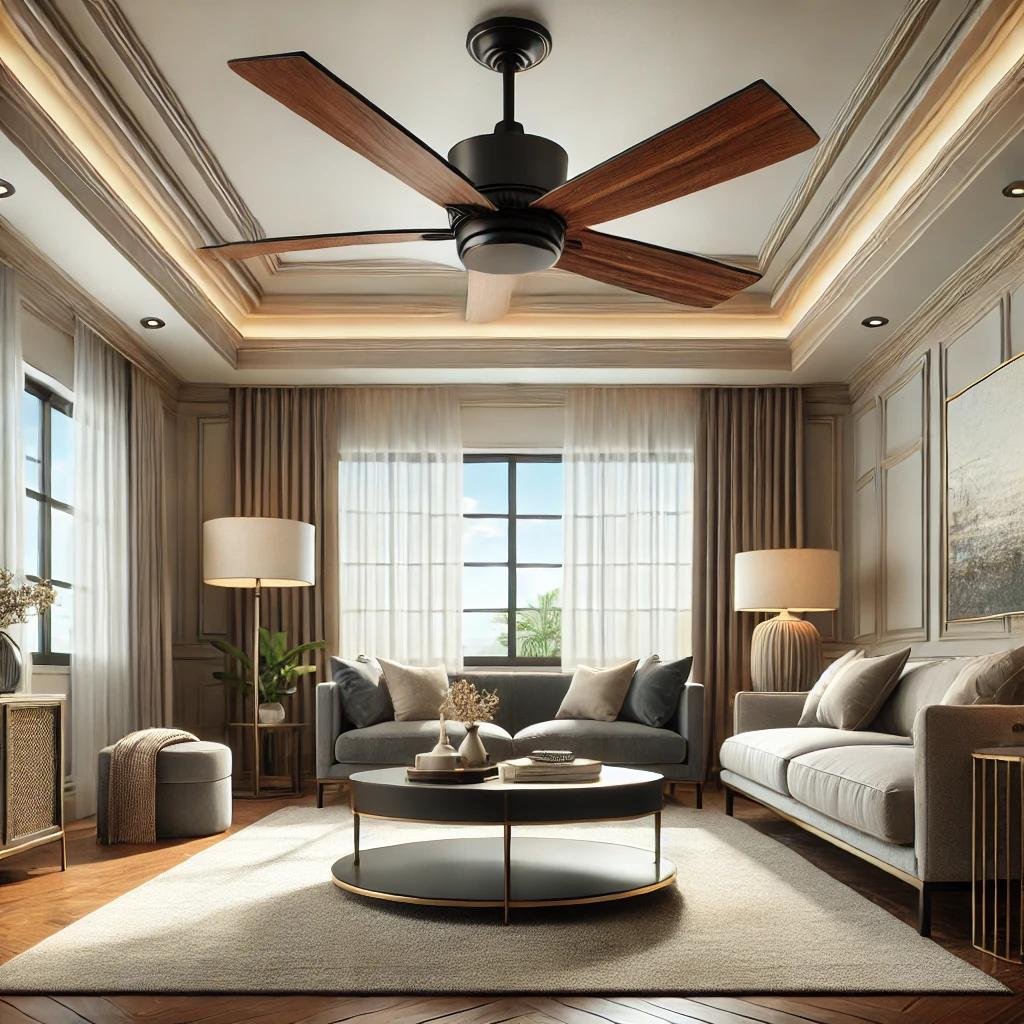 A spacious living room with a professionally installed ceiling fan featuring wooden blades, centered above a comfortable sofa and coffee table, illuminated by natural light.
