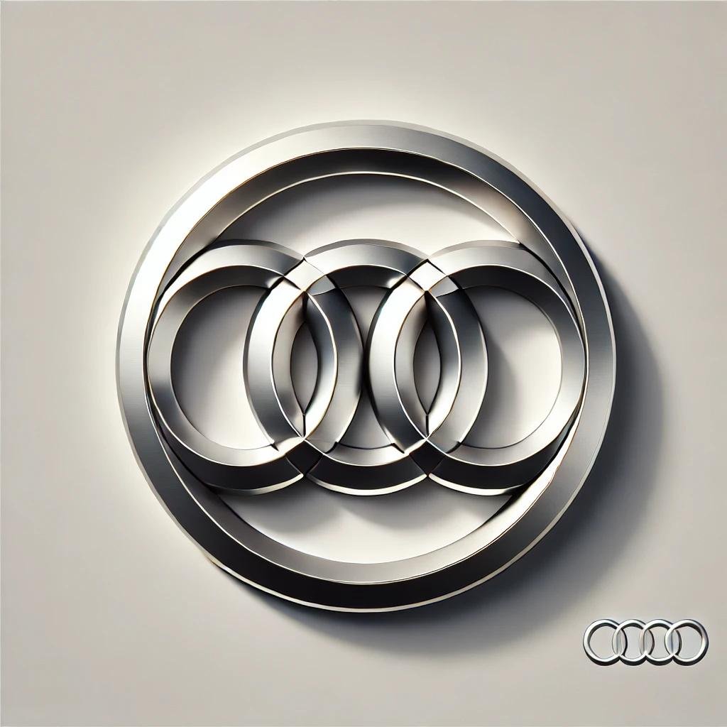 The Audi logo featuring four interlocking rings in a sleek, metallic silver design on a white background.