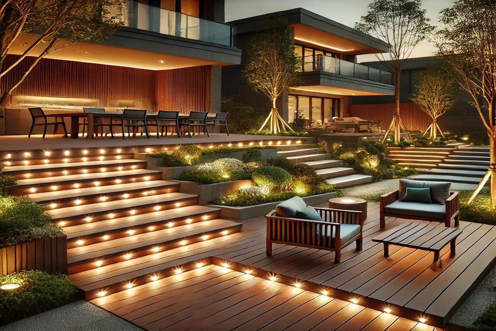 Beautifully designed outdoor space with custom LED lighting featuring illuminated steps, wooden decking, and modern landscaping at dusk.