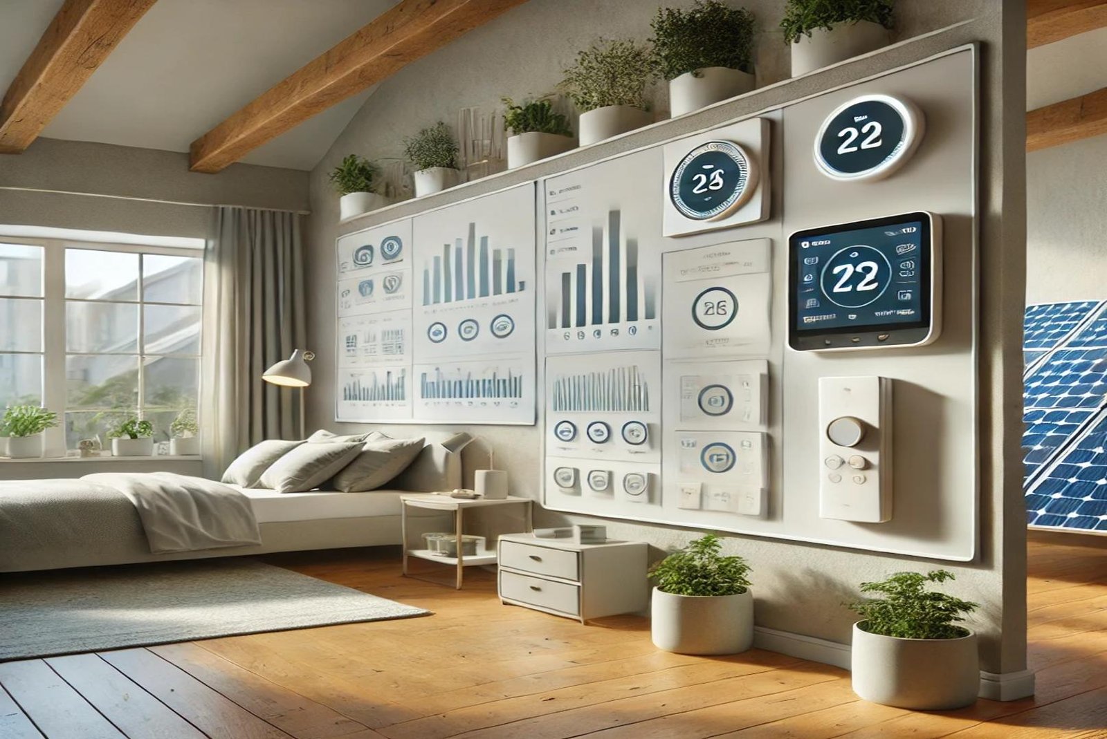 Modern home energy management system featuring a smart thermostat, control panel displaying energy data, and eco-friendly design elements.
