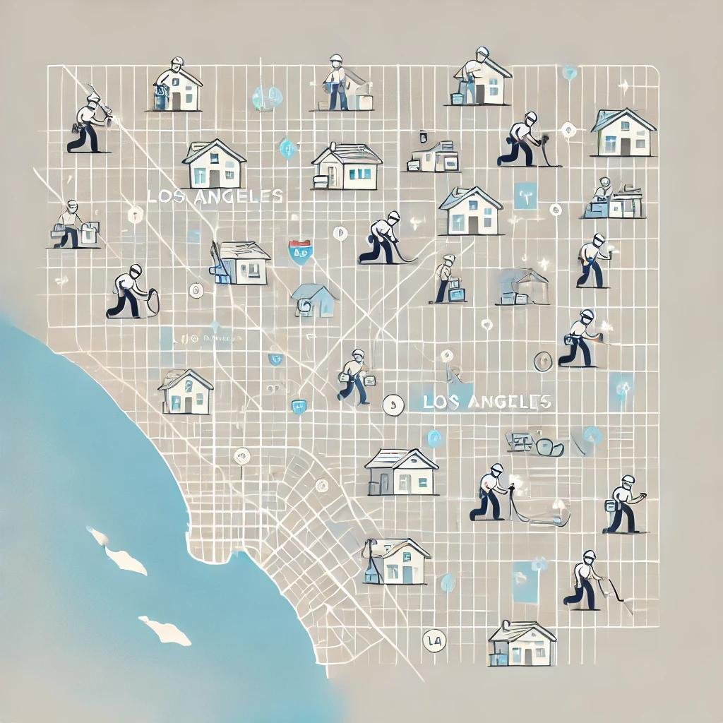 An illustrated map of Los Angeles depicting electricians performing various tasks, with houses, utility poles, and symbols representing electrical services across the city grid.