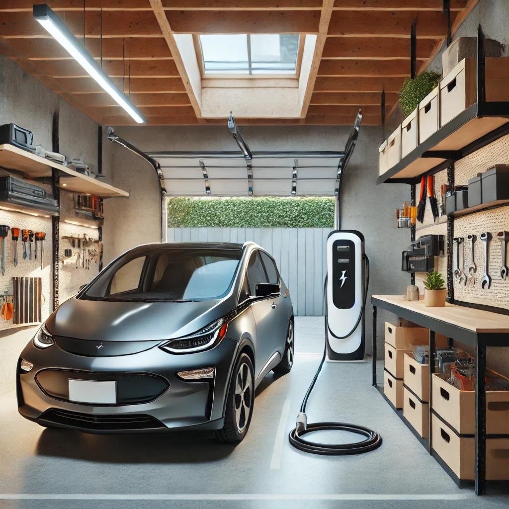 Electric vehicle charging in a home garage with a Tesla Wall Connector mounted on the wall.