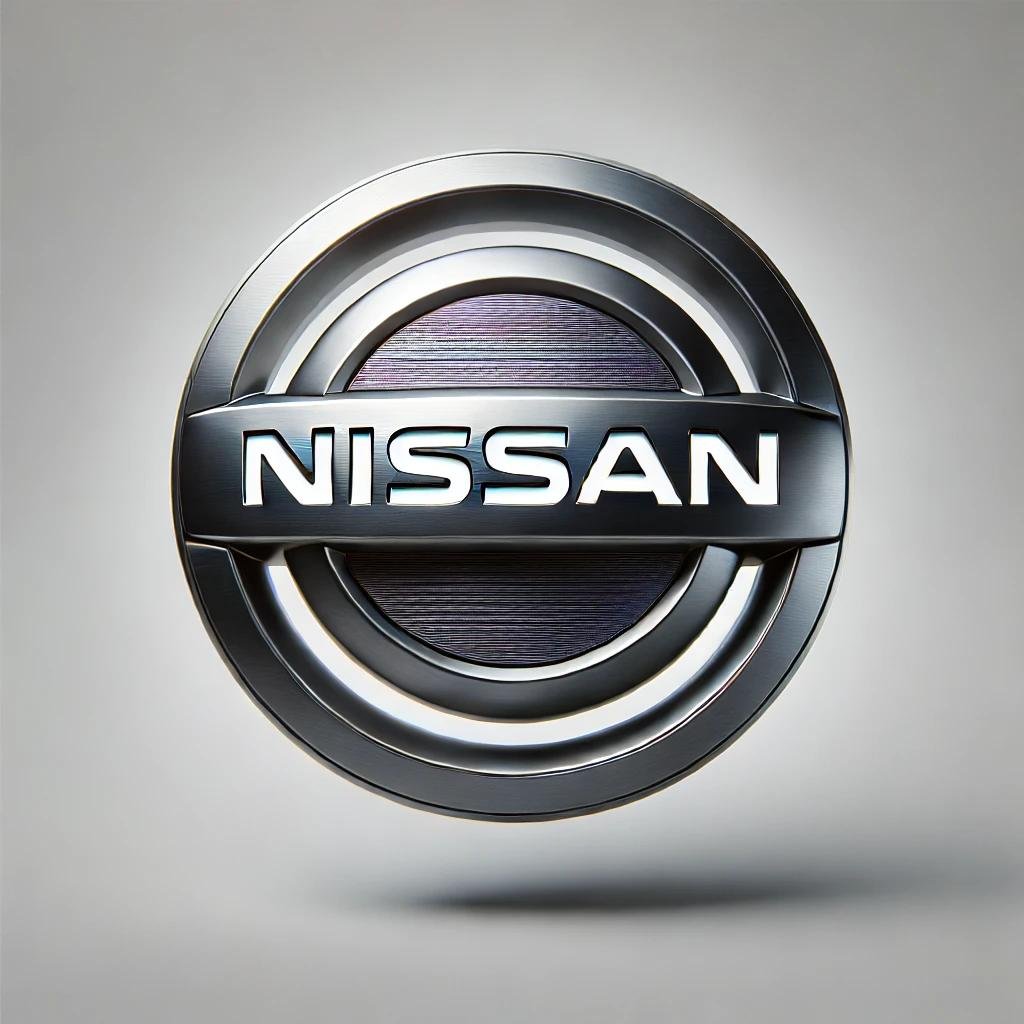 The Nissan logo featuring a circular design with a bold metallic finish and the word 'Nissan' in the center on a white background.