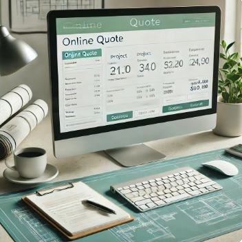 Desktop computer displaying an online quote form with project details and pricing, on a clean desk with a notepad, pen, and coffee cup, symbolizing a professional review process.