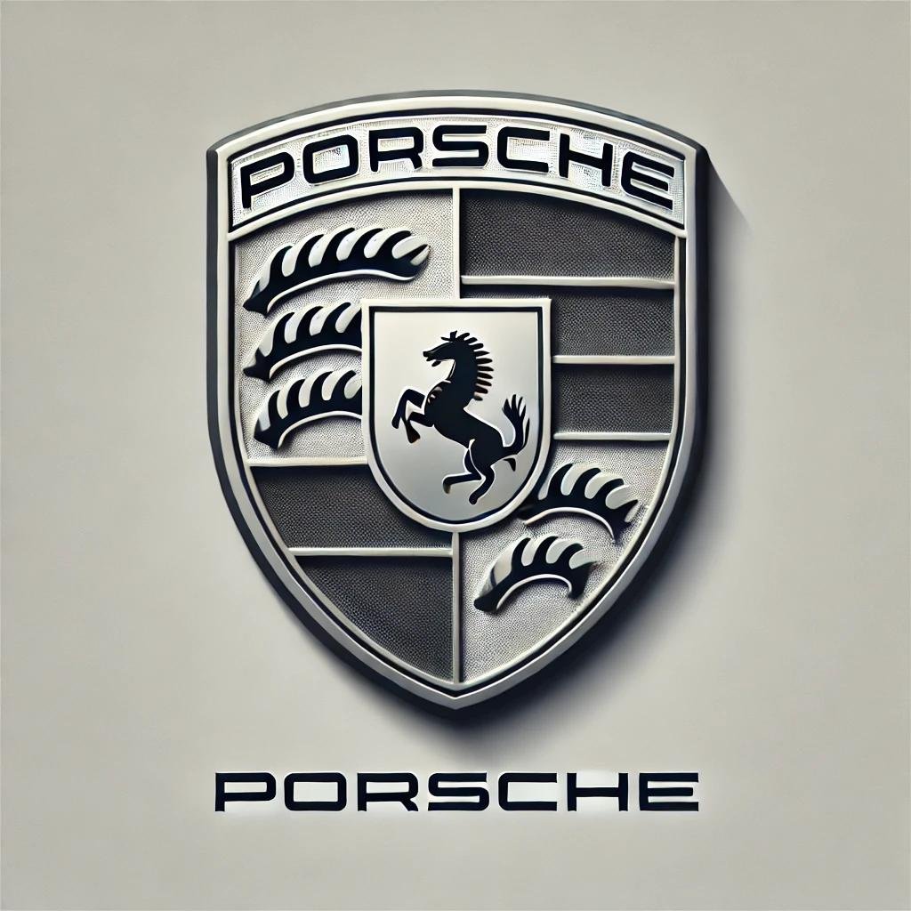 The Porsche logo featuring a sleek crest design with a monochromatic gray finish on a white background.