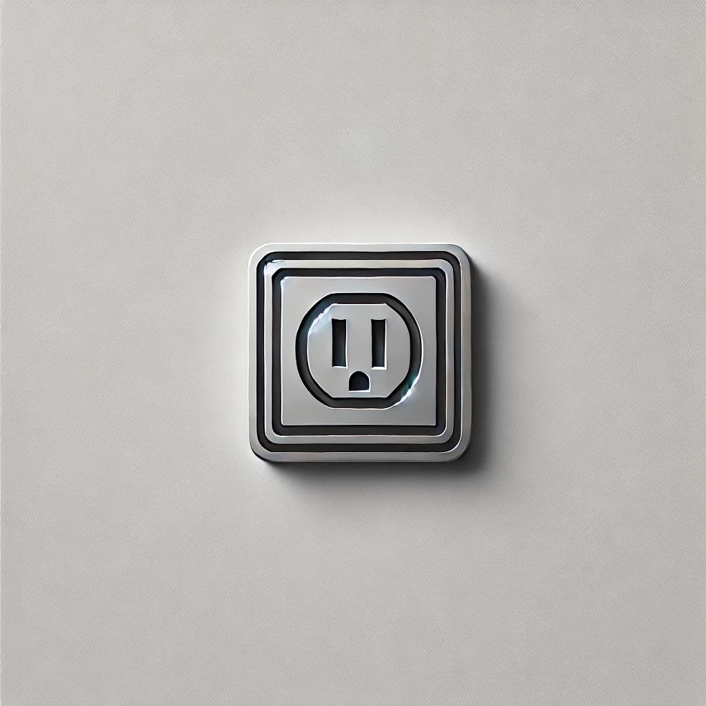 Minimalist logo of a recessed electrical outlet with a sleek and modern gray icon on a white background.
