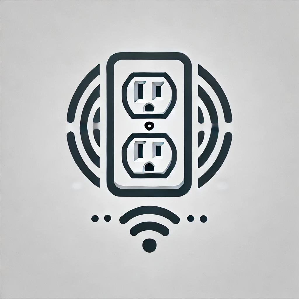Minimalist logo for Smart Outlets & Switches, featuring a power outlet, light switch, and Wi-Fi signal icon in gray tones.