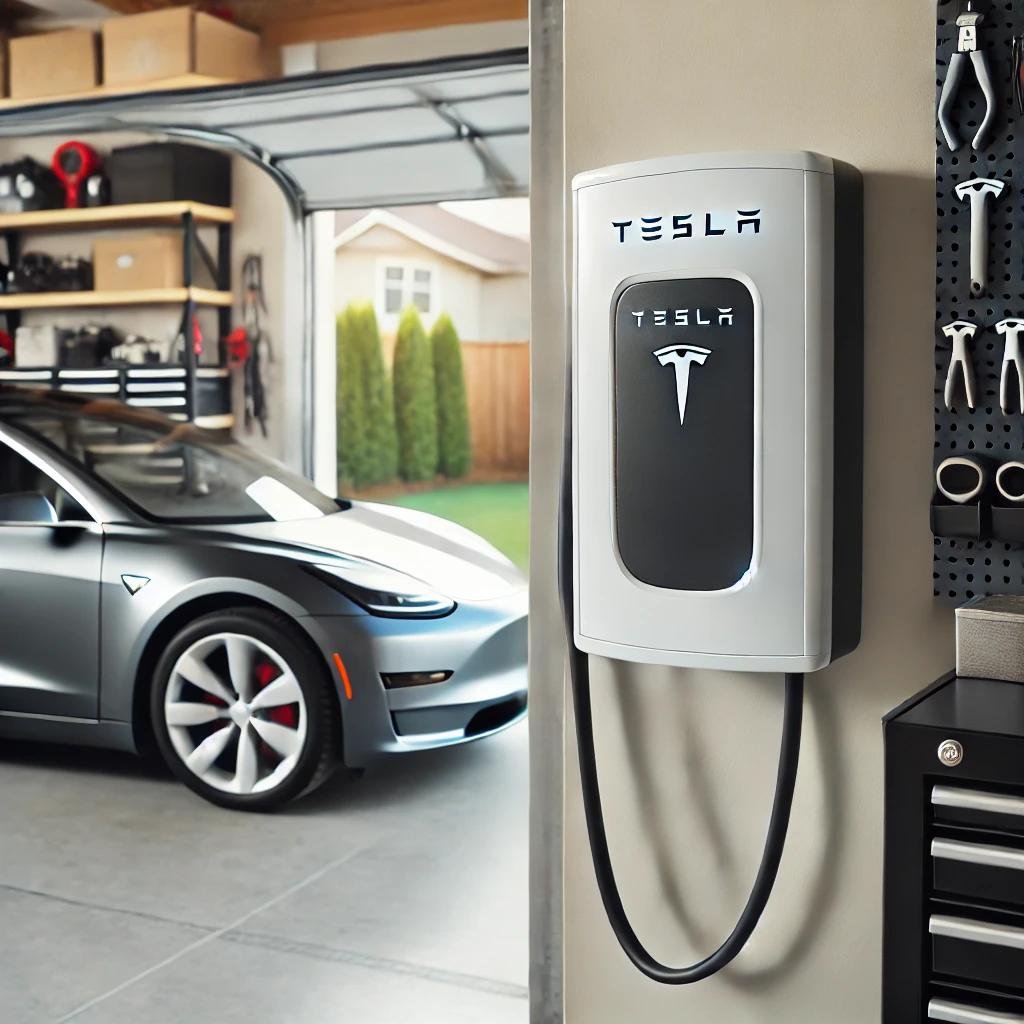 A sleek Tesla home charger mounted on the wall of a modern residential garage.