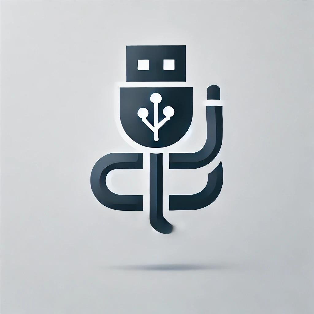Minimalist USB logo in gray tones featuring a sleek and modern design with a USB plug symbol.