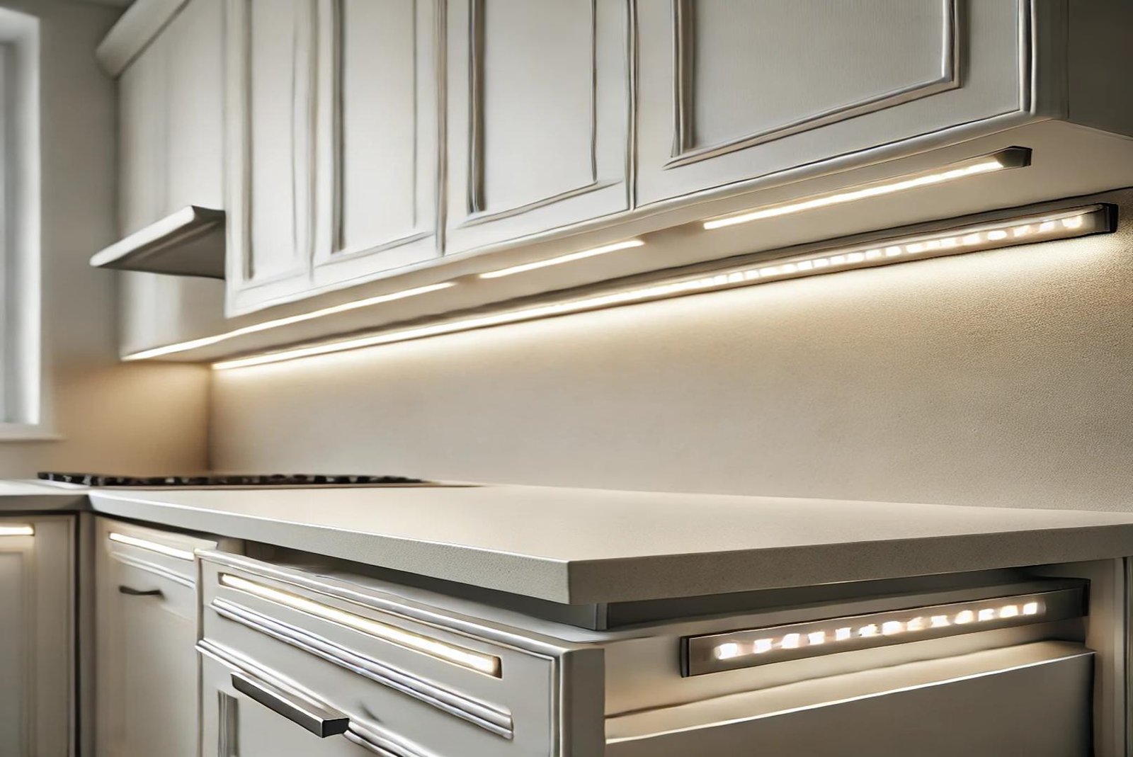 Under-cabinet LED bars installed in a modern kitchen, providing bright, even countertop illumination.