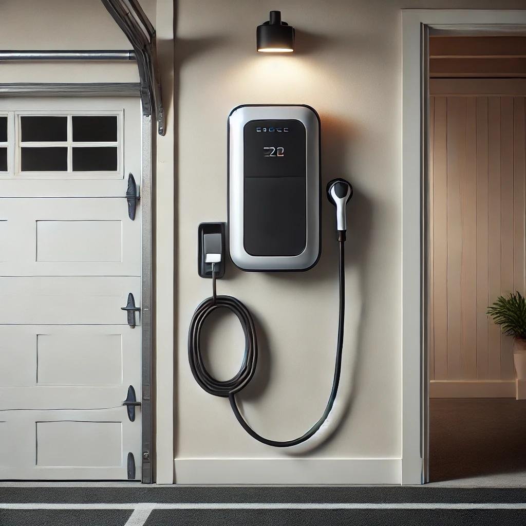 A sleek EV charger mounted on the wall of a clean and modern residential garage, with its charging cable neatly coiled.