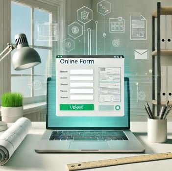 Illustration of a laptop with an online form interface, showcasing document uploads like plans and permits in a clean and professional workspace.