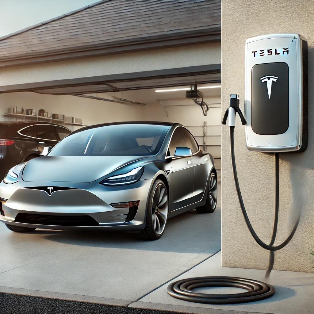A Tesla Wall Connector installed in front of a garage, with a Tesla vehicle parked and charging in a modern driveway setup.