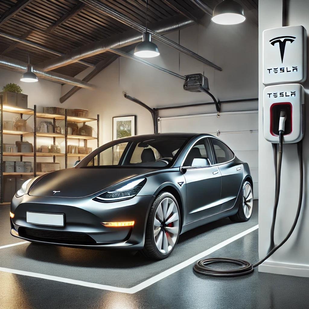 Tesla Model 3 charging inside a residential garage, connected to a Tesla Wall Connector with a neatly organized cable.