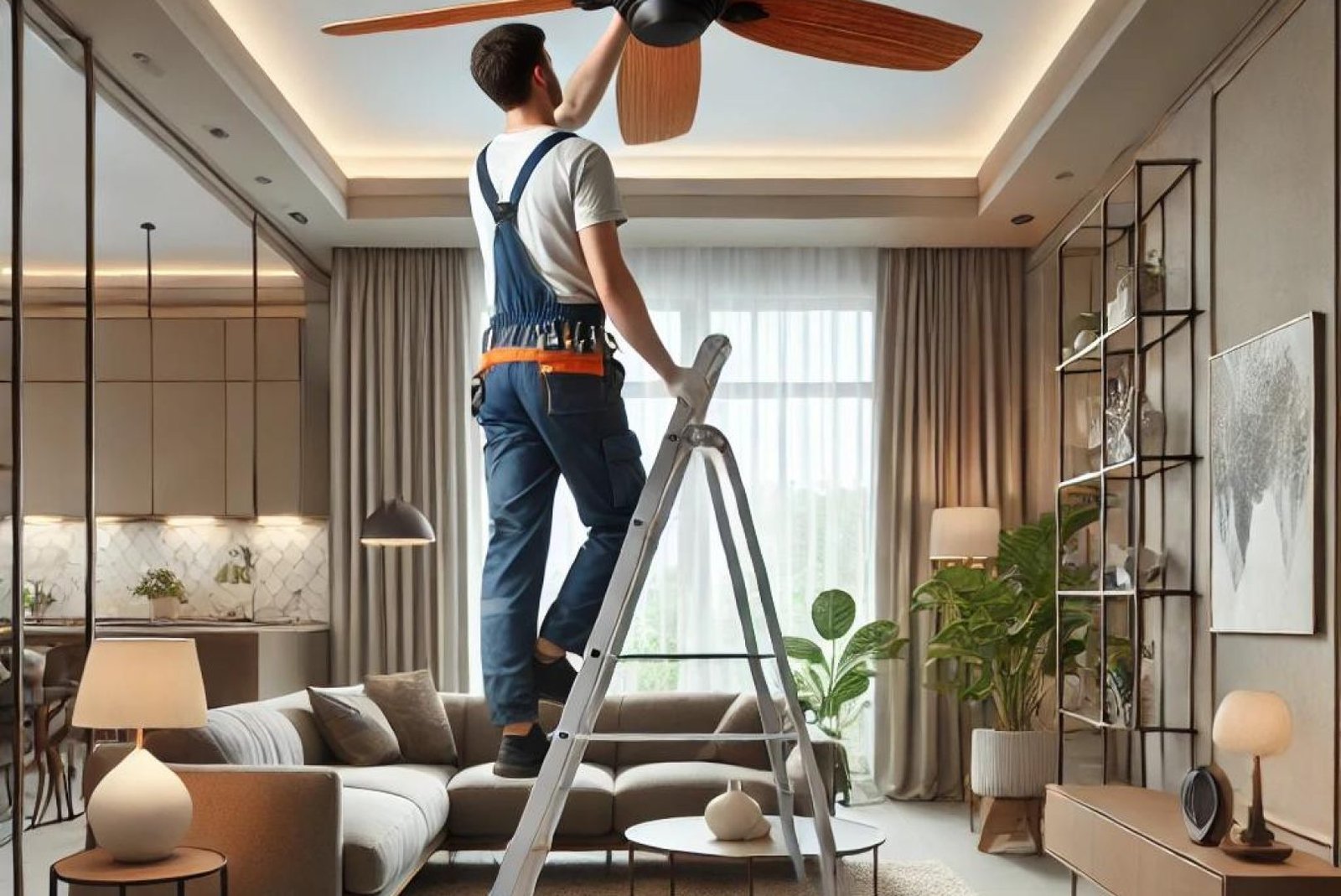 A professional electrician installing a modern ceiling fan with wooden blades and a built-in light in a well-lit, stylish living room with neutral decor.