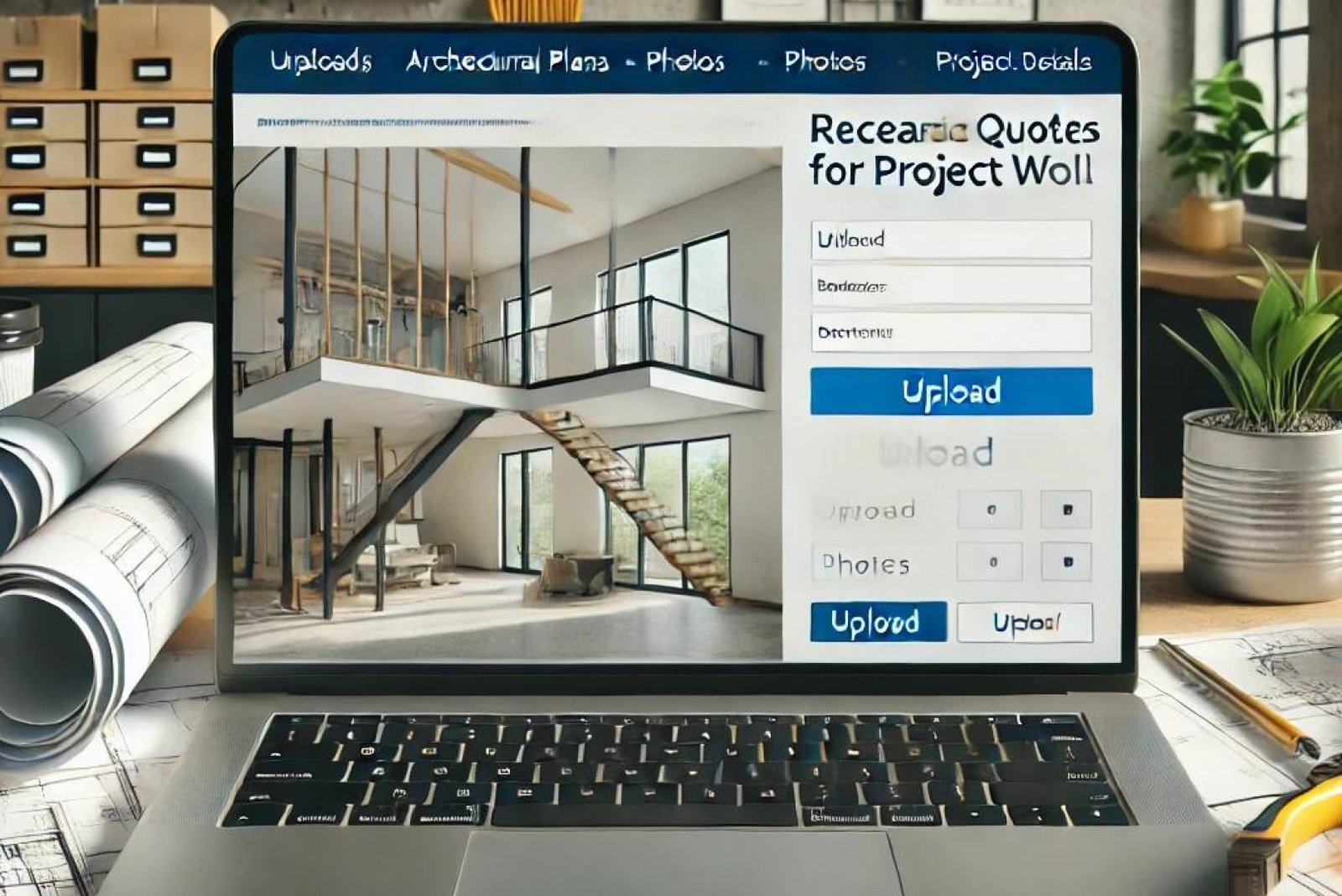 A realistic laptop interface displaying a website form where customers can upload architectural plans, photos, and project details for accurate quotes. The workspace includes blueprints, tools, and a modern interior in the background.