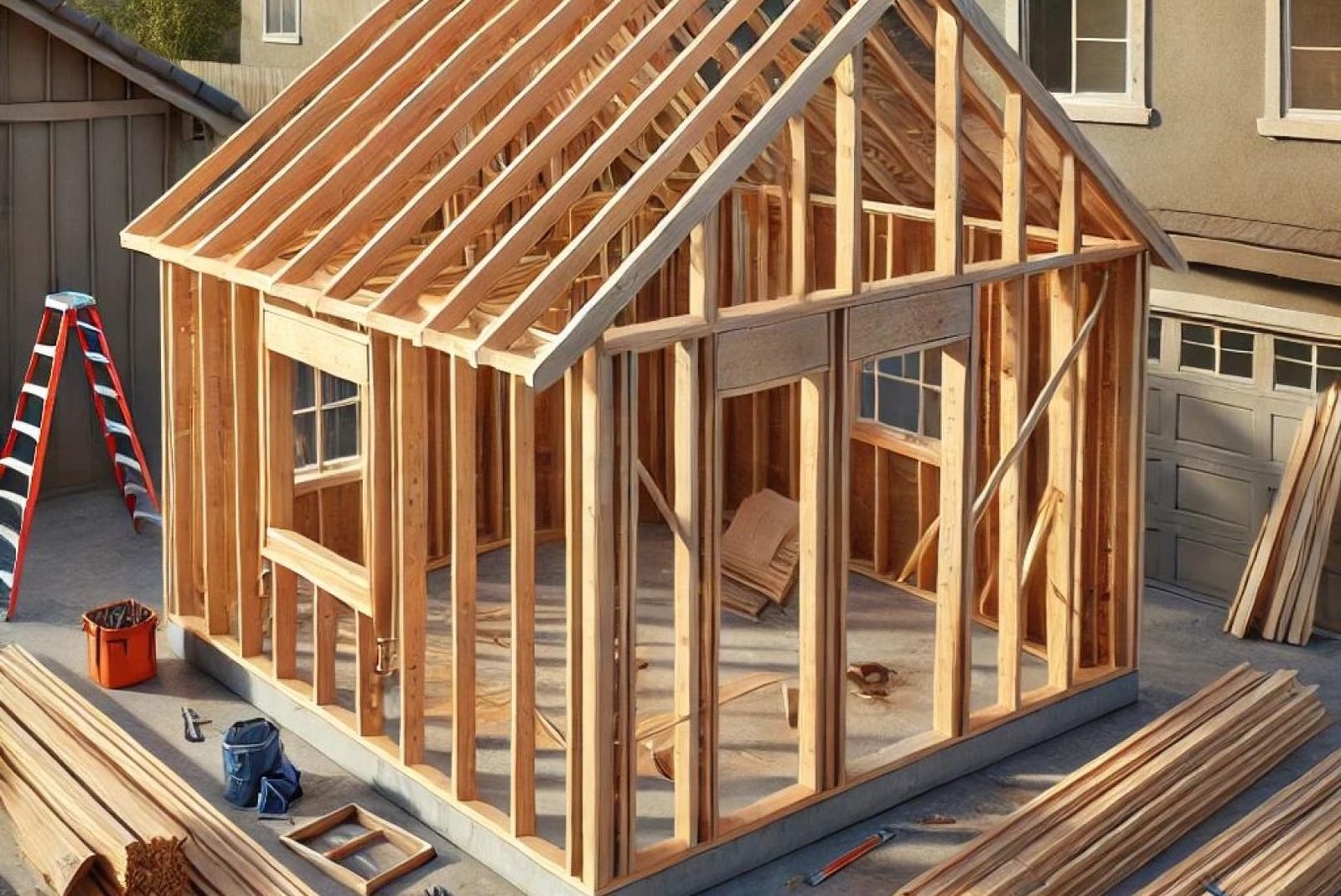 A realistic photograph of an accessory dwelling unit (ADU) under construction, showing only the wooden framing structure with visible beams, studs, and roof trusses in a clean and organized construction site.