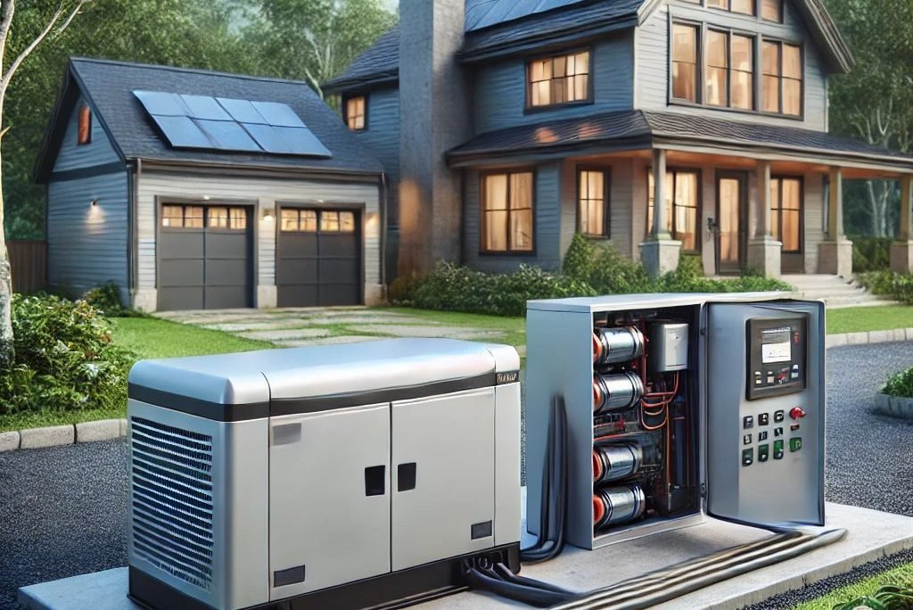 Modern backup power system with a generator and battery storage unit connected to a residential house, emphasizing reliability during power outages.