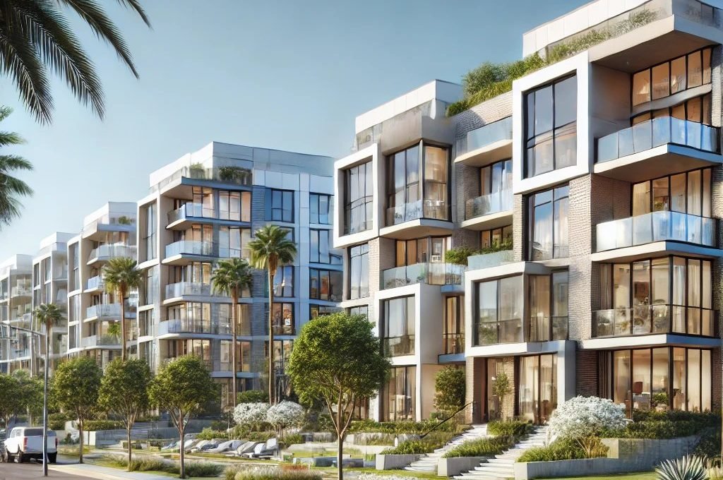 Modern condominiums in Los Angeles, California, featuring contemporary architecture with glass windows, private balconies, and a landscaped courtyard under a blue sky.