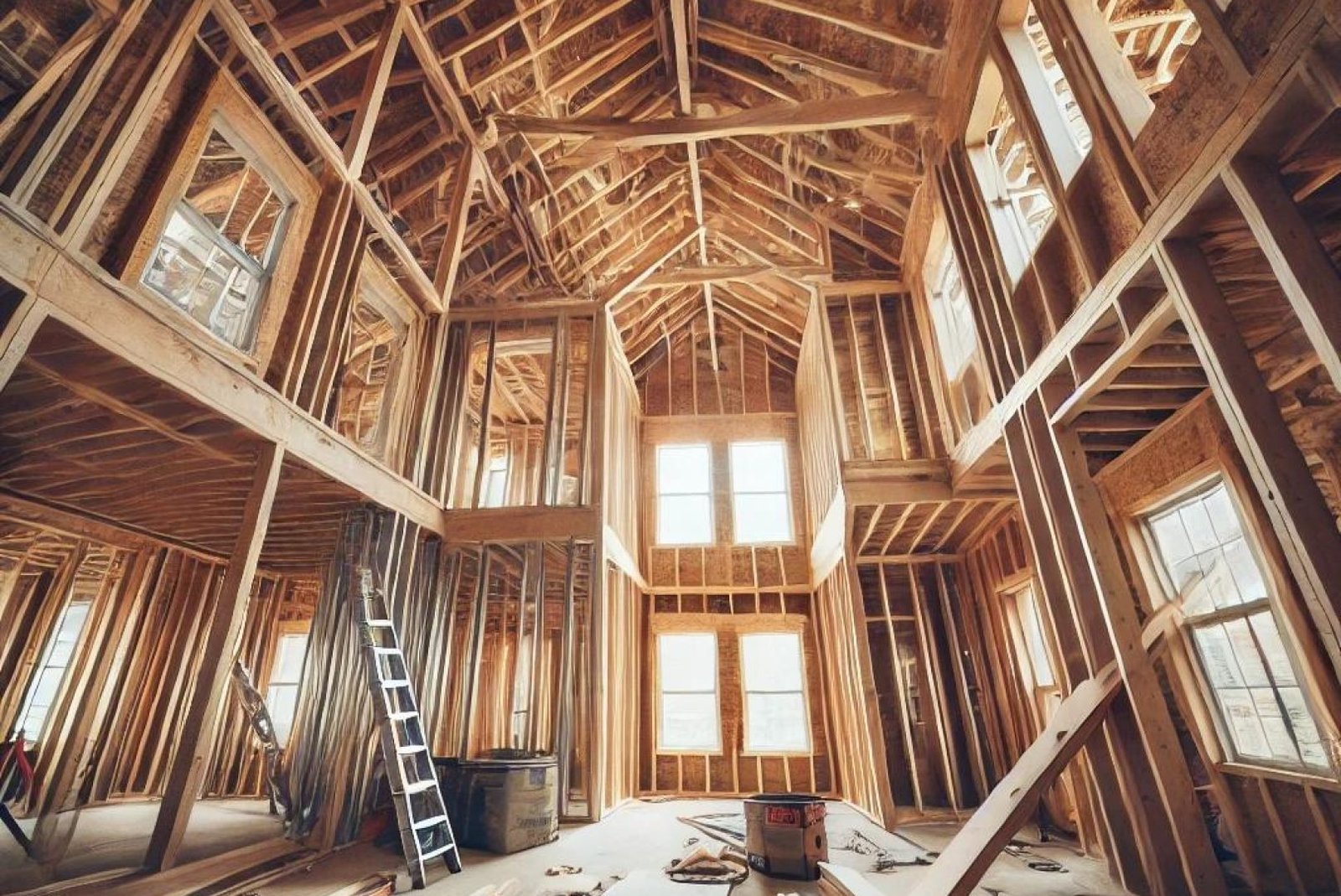Interior view of a house under construction, showcasing wooden framing and partially installed drywall, with construction materials on the floor.
