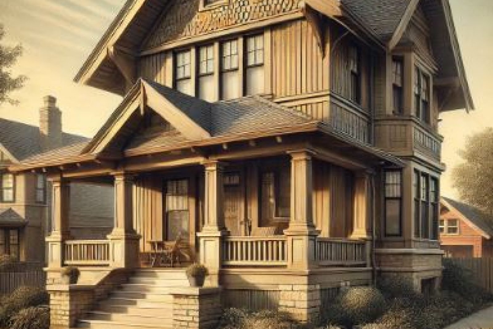 A charming older residential home with a gabled roof, wooden siding, and a small porch with columns, surrounded by mature trees and a modest garden under a clear daytime sky.