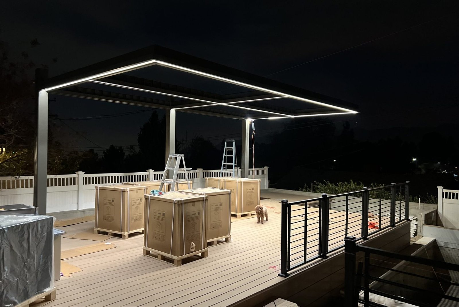Custom LED Patio Cover Installation in Los Angeles, CA Custom-fabricated LED lighting installed on a stylish outdoor patio cover in Los Angeles, CA by LAProElectrical.