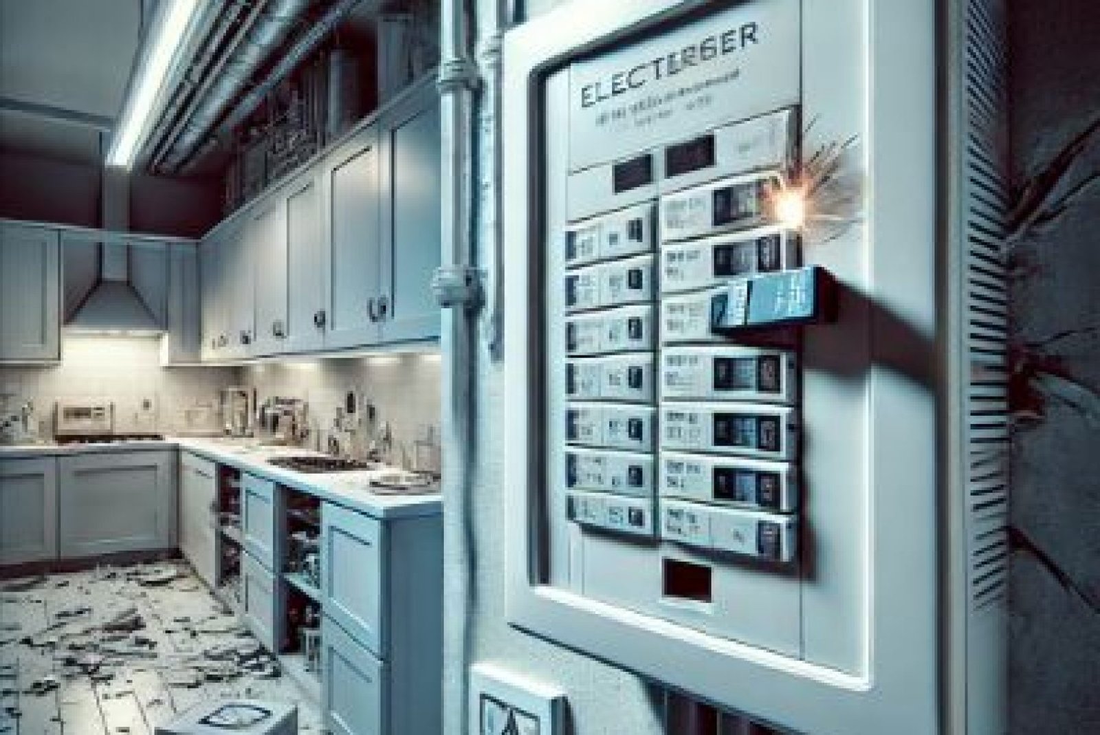 A residential electrical breaker panel with one breaker tripped to the off position, surrounded by signs of wear and frequent use in a well-lit utility room.