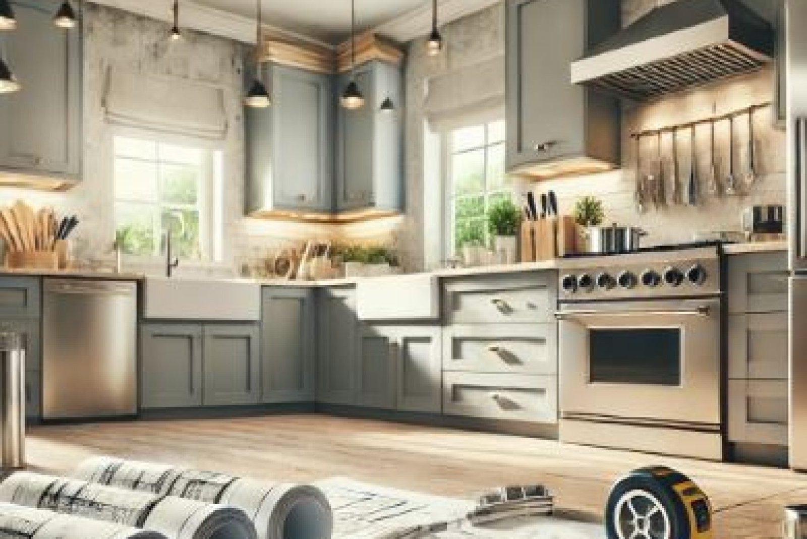 A bright, modern kitchen with sleek appliances, updated countertops, recessed lighting, and hints of construction materials symbolizing recent remodeling.