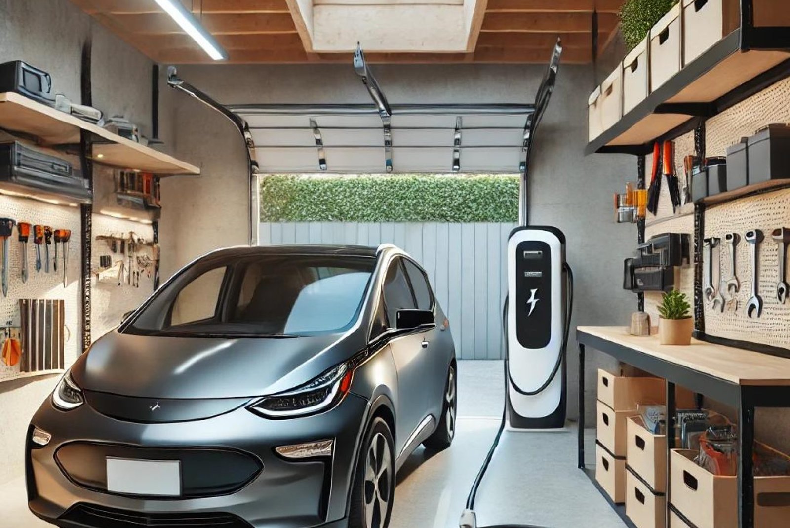 Electric vehicle charging in a home garage with a Tesla Wall Connector mounted on the wall.