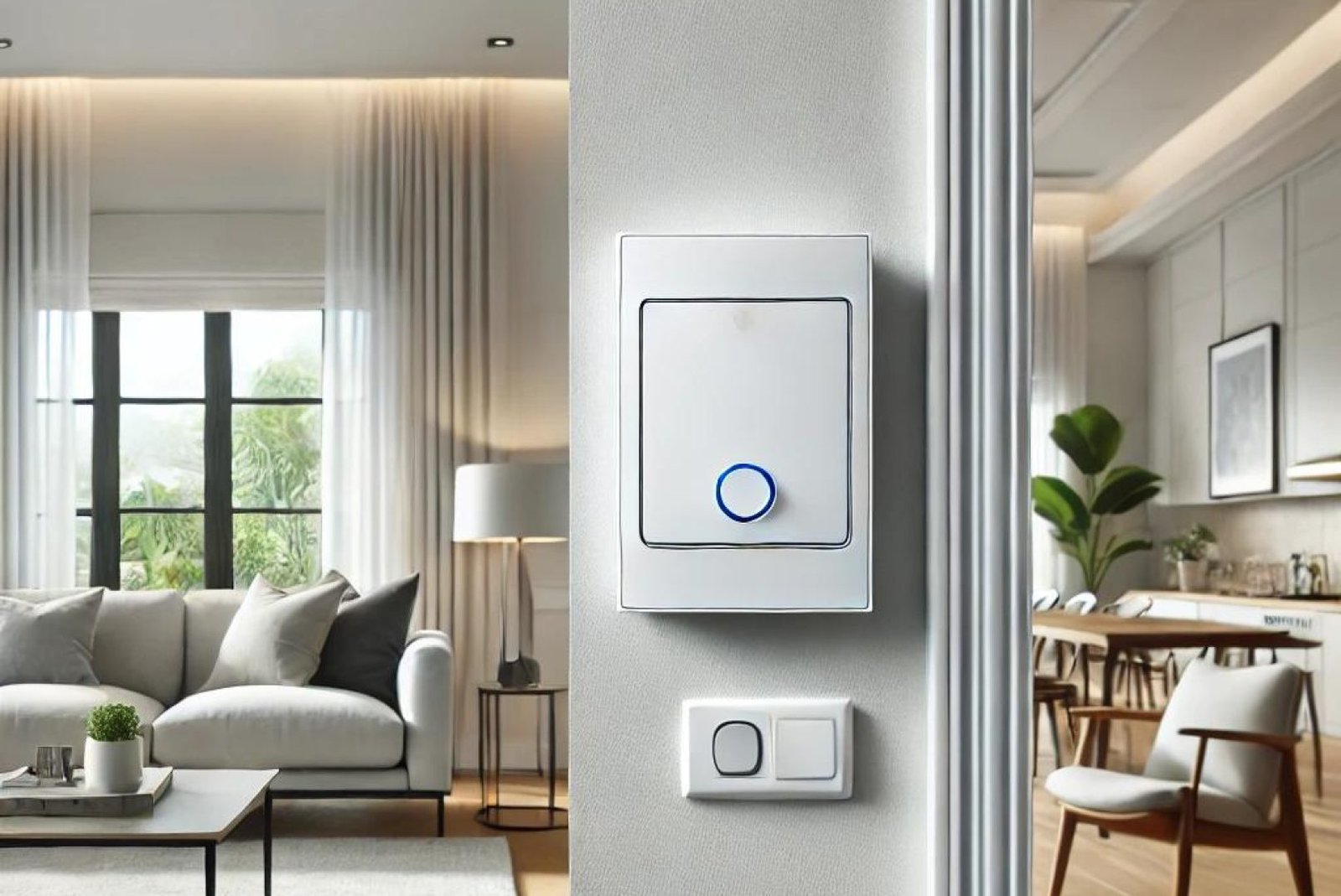 Motion sensor light switch installed on a white wall in a modern residential home, with a well-lit living room in the background.