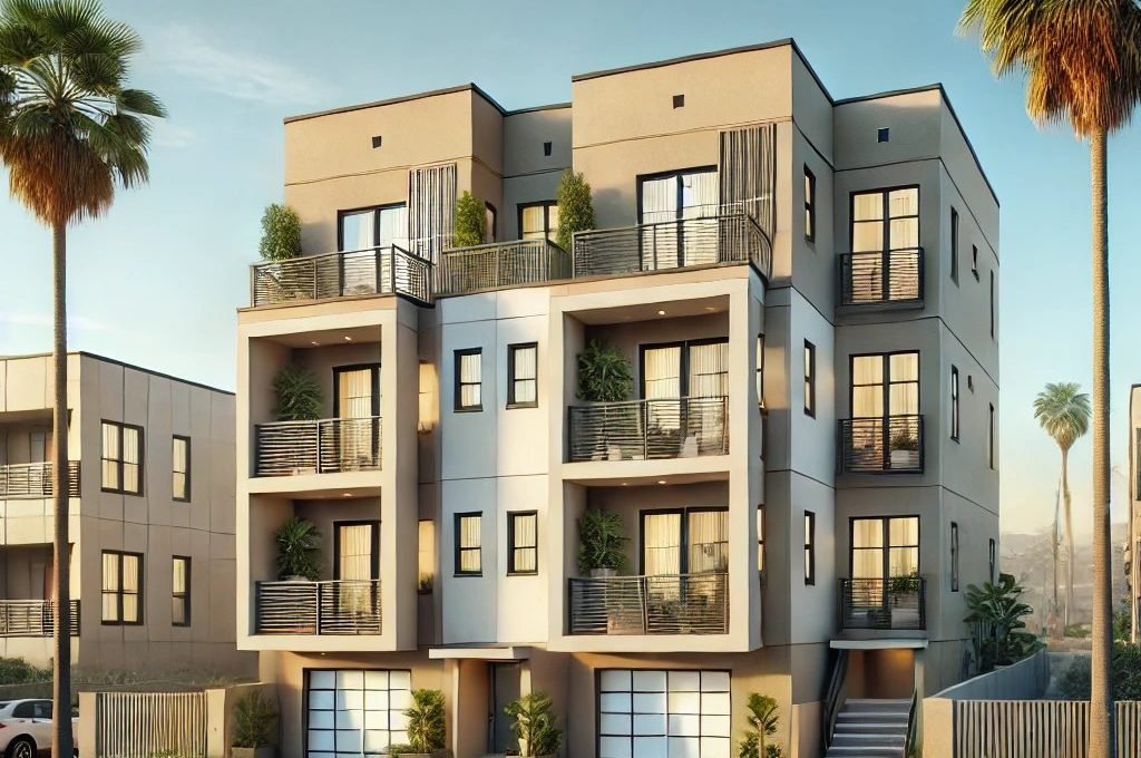 Modern multi-family home with 2-4 units in Los Angeles, featuring a contemporary design, private balconies, and a landscaped front yard under a clear blue sky.
