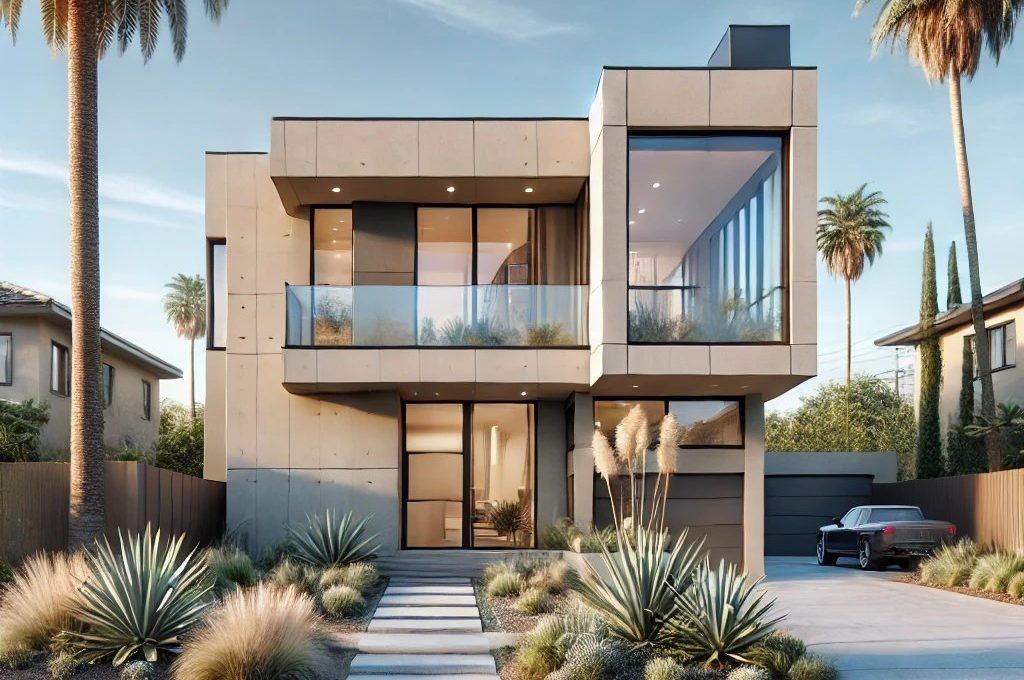 Modern single-family home in Los Angeles, California, featuring a contemporary glass and stucco exterior with a landscaped front yard and a spacious driveway.
