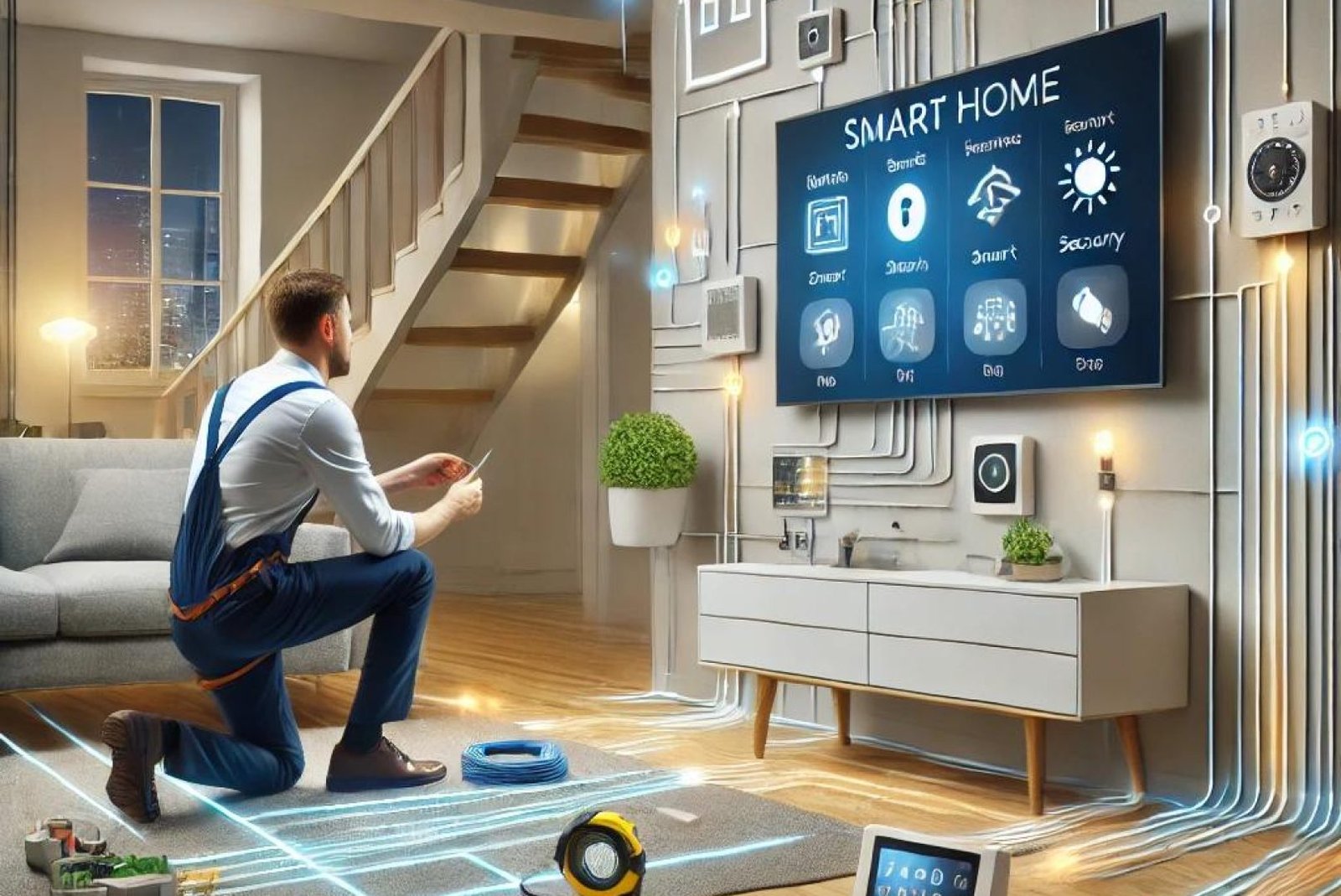 Electrician rewiring a smart home, connecting modern wiring to a control panel for automated lighting, security, and energy-efficient systems.